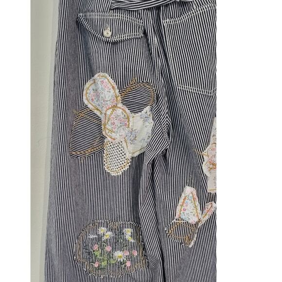 POL Pants Womens Large Black & White Striped Jeans Flower Patchwork Boho NWOT - Picture 4 of 12